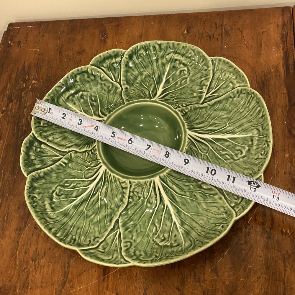 Vtg Bordallo Pinheiro Green Cabbage Leaf Dip Veggies Appetizers Serving Tray - Picture 6 of 9